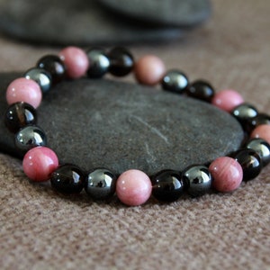 Hematite Smoky Quartz Rhodonite Bracelet-PROTECTION/GROUNDING/FREEDOM to Love-Gemstone Stretchy Bracelet-Crystal Healing Bracelet-Unisex