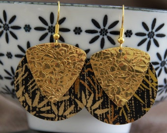 Japanese Paper Earrings| Black Gold Leaf Earrings | Boho Metal Charm Earrings | Unique Artisan Jewellery | Elegant Statement Earrings
