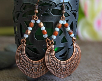LAST ONE | Moonstone Copper Earrings | Natural Stone Earrings | Original Gemstone Hoops | Boho Ethnic Hippie Jewelry | Long Teardrop Hoops