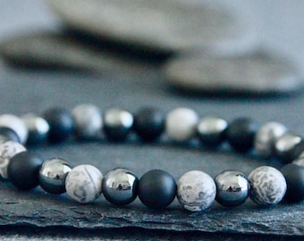Onyx Hematite Jasper Bracelet | STRENGTH/DETERMINATION/GROUNDING | Root Chakra Bracelet | Unisex Black Grey Stretchy Bracelet | Boho Jewelry