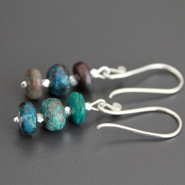 Chrysocolla Stack Earrings With Fine Silver-Chrysocolla Drop Earrings-Minimalist Quality Stack Earrings-Chrysocolla Bar Earrings-Ethnic Boho