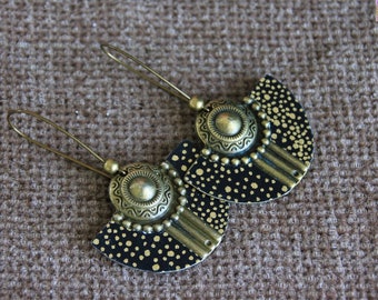 Original Half Moon Earrings | Japanese Paper Earrings | Black Gold Boho Metal Charm Earrings | Unique Artisan Jewelry | Statement Earrings