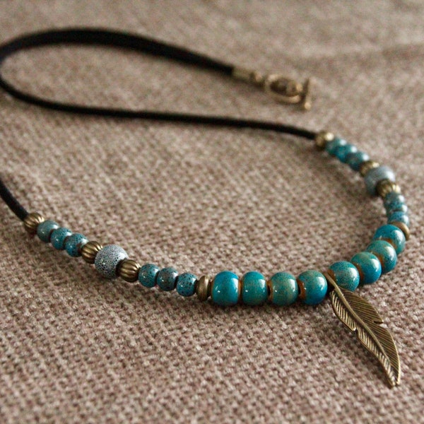 Boho Feather Necklace-Blue Boho Necklace 24" 60cm-Statement Beaded Necklace-Ceramic Beads-Vegan Leather-Handmade Ethnic Tribal Jewellery