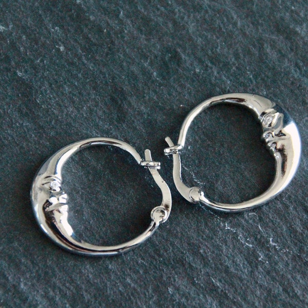 Moon Crescent Hoop Earrings | Platinum Earrings | 22mm | Original Boho Ethnic Hoops | Silver Moon Hoops | Ear Stack Hoops | Small Hoops