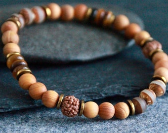 Cedar Wood Tiger Eye Dzi Ethnic Bracelet | Wood Dzi Agate Rudraksha | 6mm | Unisex Stretchy Bracelet | Original Organic Natural Jewelry