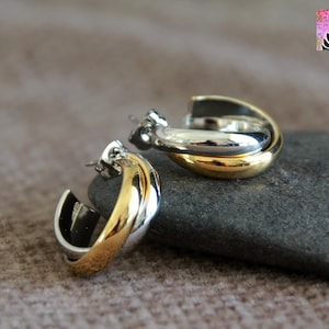 Two Tone Stud Hoops | 26mm | Gold Silver Round Half Hoops | Stainless Steel Hypoallergenic | Boho Elegant Unique Occasion Earrings