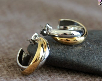 Two Tone Stud Hoops | 26mm | Gold Silver Round Half Hoops | Stainless Steel Hypoallergenic | Boho Elegant Unique Occasion Earrings