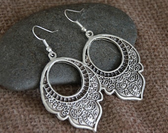 Ethnic Silver Earrings | Antique Silver | Embossed Metal Dangle Earrings | Rustic Earrings | Original Handmade Yoga Bohemian Jewelry