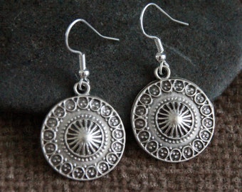 Boho Silver Earrings | Antique Silver | Hammered Silver Metal Charm Dangle Earrings | Original Ethnic Jewelry | Small Round Light Earrings