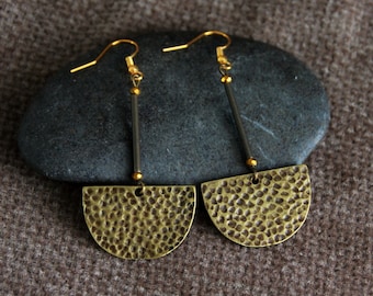 LAST ONE | Hammered Bronze Earrings | Antique Bronze | Rustic Metal Earrings | Boho Ethnic Jewelry | Half Moon Long Fan Dangle Earrings