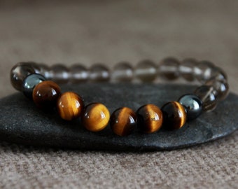 Tigers Eye Hematite Smoky Quartz Bracelet | PROTECTION/GROUNDING/VITALITY | Gemstone Stretchy Bracelet | Unisex Crystal Healing Bracelet