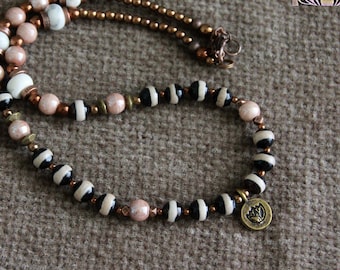 Boho Necklace | Dzi Beads Howlite and Copper | Short Necklace 16" 40cm | Choker
