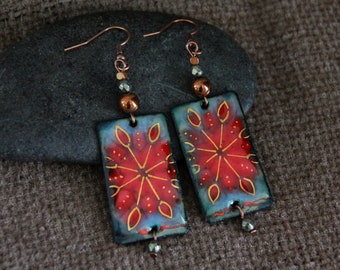 ONLY ONE | Red Flower Earrings with Pyrite | Original Handmade Enamel Charm Earrings | Artisan Handcrafted Enamel on Copper | Boho Jewelry