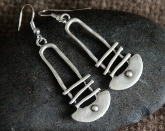 Long Silver Drop Earrings | Antique Silver | Geometric Modern Design | Original Rustic Metal Dangle Earrings | Boho Ethnic Handmade Jewelry