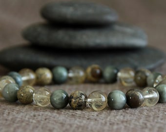 Citrine Eagle Eye Stone Dendritic Jasper Bracelet-QUIET The Mind/INSPIRATION-Gemstone Stretchy Bracelet-Healing Bracelet-Grey Yellow Beige