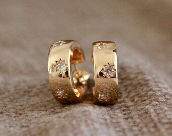 Chunky Shiny Stars Stud Hoops | 18k Gold | Cubic Zirconia | Golden Half Hoops | C Shape Hoops | Open Hoops | 22mm | 8mm Thick Wide Side