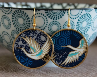 White Bird Earrings | Japanese Crane Charm Earrings | Japanese Paper Blue Gold Earrings | Statement Elegant Earrings | Handmade Jewelry