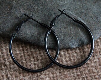 30mm Black Hoops | Stainless Steel Earrings | Gunmetal Earrings | Hypoallergenic Hoops | Unisex