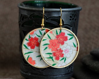 Flower Blossom Hoops | Japanese Paper Earrings | Round Metal Charm Earrings | Unique Elegant Statement Earrings | Red Gold Sakura Earrings