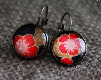 Red Cherry Blossom Leverback Earrings-Japanese Paper-Resin Cabochon-Sakura Flower-Golden Red White-Unique Original Elegant Statement Earring
