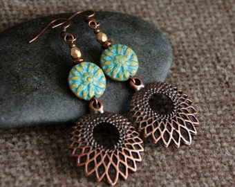 Flower Copper Earrings | Long Dangle Earrings | Blue Glass Bead | Decorated Metal Charm Earrings | Original Boho Ethnic Rustic Jewellery
