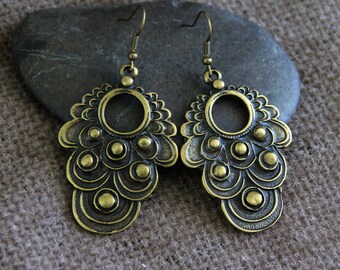 Bronze Peacock Earrings | Antique Bronze | Large Metal Dangle Earrings | Boho Ethnic Jewelry | Original Handmade Rustic Statement Earrings