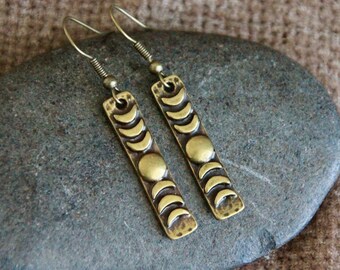 Moon Phases Bronze Earrings | Long Antique Bronze Boho Earrings | Hammered Metal Earrings | Boho Ethnic Jewellery | Original Rustic Earrings