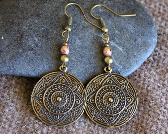 Bronze Earrings | Antique Bronze | Long Dangle Earrings With Crafted Czech Glass Beads | Metal Charm Earrings | Boho Ethnic Rustic Jewellery