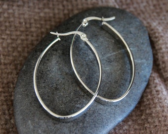 Oval Silver Hoops-40x26mm-Hypoallergenic Stainless Steel-Flat Side Hoops-Original Modern Statement Hoops-Bohemian Ethnic Tribal Earrings