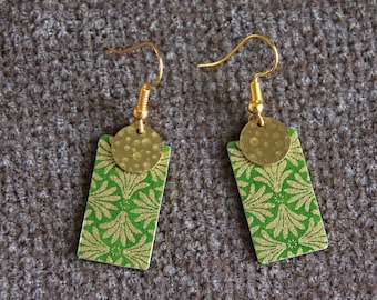 Green Japanese Earrings | Japanese Paper Earrings | Boho Metal Earrings | Rectangle Earrings | Unique Artisan Jewellery | Statement Earrings
