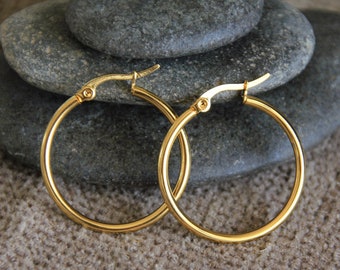 30mm Golden Hoops Earrings | 18K Gold Plated Hypoallergenic Stainless Steel Earrings | Original Bohemian Modern Earrings | Medium Hoops