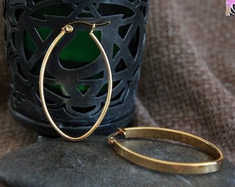 Oval Golden Hoops | 40x26mm | Hypoallergenic Stainless Steel Earrings | Wide Flat Side Hoops | Original Modern Boho Hoops