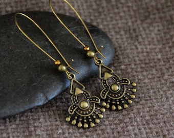 Ethnic Sun Earrings | Antique Bronze | Light Long Metal Charm Earrings | Original Boho Tribal African Inca Aztec Earrings | Rustic Earrings