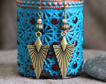 Boho Bronze Triangle Earrings | Long Dangle Earrings | Metal Charm Earrings | Yoga Boho Ethnic Rustic Jewellery | Original Handmade Earrings