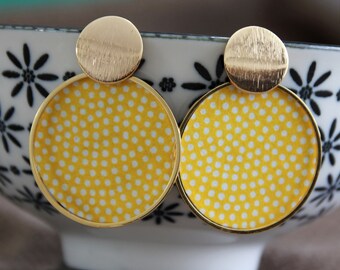 Yellow Japanese Studs | Japanese Paper on Charm Earrings | Gold Studs | Round Metal Earrings | Unique Handmade Jewelry | Statement Earring