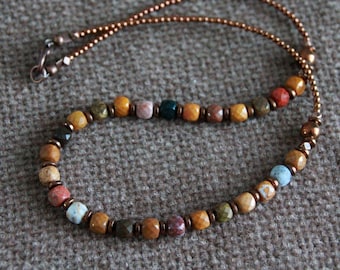 OCEAN JASPER Necklace | Choker | 17" 43cm | Boho Beaded Necklace | Short Necklace | Statement Necklace | Original Stone and Copper Jewelry