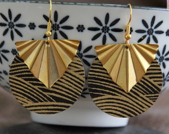 Japanese Paper Earrings | Black Gold Earrings | Waves Boho Metal Charm Earrings | Unique Artisanal Handmade Jewelry | Statement Earrings