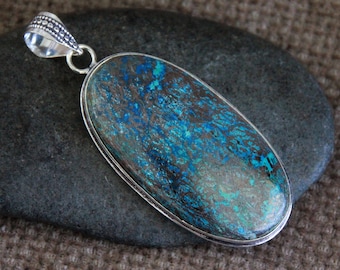 Azurite Pendant-66x25mm-Stone in Sterling Silver-Natural Gemstone-Crystal Healing Pendant-Organic Jewellery-Unisex