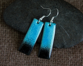 ONLY ONE | Original Blue and Black Rectangle Earrings | Handmade Enamel Charm | Long Bar Earrings | Artisan Handcrafted Hot Enamel on Copper