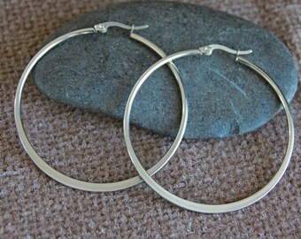 70mm Very Large Silver Hoop Earrings | Hypoallergenic Stainless Steel Earrings | Original Boho Modern Wide Flat Side Hoops