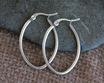 Oval Silver Hoop Earrings | 35x25mm | Hypoallergenic Stainless Steel Earrings | Sensitive Ears Jewelry | Original Boho Ethnic Tribal Hoops