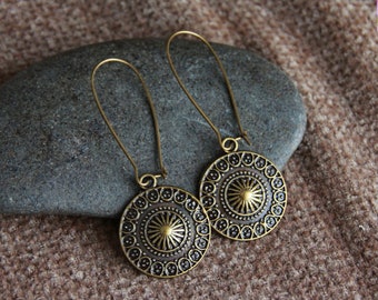 Boho Bronze Earrings-Antique Bronze Earrings-Hammered Embossed Bronze Charm Dangle Earrings-Metal Earrings-Ethnic Jewelry-Rustic Earrings