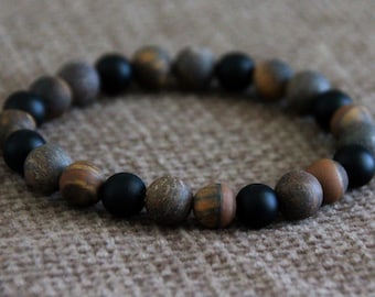 Bronzite Onyx Tiger Eye Bracelet-PROTECTION/-Stretchy Gemstone Bracelet-Natural Organic Stone-Boho Jewelry-Unisex Bracelet-8mm