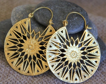 Sun Brass Earrings | Brass Hoop Earrings | Indian Bohemian Earrings | Golden Metal Earring | Boho Mandala Star Sun Earrings | Hippie Jewelry