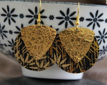 Japanese Paper Earrings-Black Gold Earrings-Leaf-Boho Metal Charm Earrings-Unique Artisanal Jewellery-Statement Earrings-Oriental Jewellery