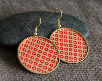 Modern Hoops | Japanese Paper Earrings | Round Metal Earrings | Unique Artisan Jewelry | Elegant Statement Earrings | Red and Gold Earrings