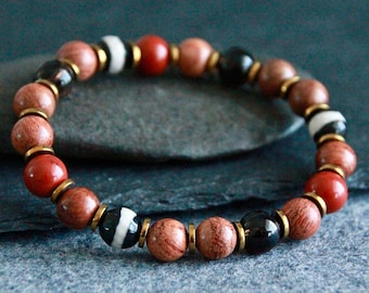 Rosewood Ethnic Bracelet | Red Jasper Smoky Quartz Dzi beads | Stretchy Gemstone Wood Bracelet | Unisex | Original Organic Natural Jewelry