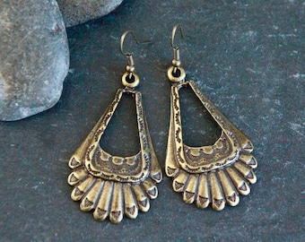 Ethnic Bronze Earrings | Antique Bronze | Large Metal Dangle Earrings | Bohemian Rustic Jewelry | Original Handmade Statement Earrings