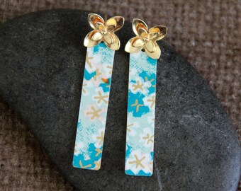 Blue Cherry Blossom Bar Earrings-Japanese Paper on Metal Charms-Bohemian Long Rectangle Dangle Earrings-Unique Handmade Artisanal Jewelry