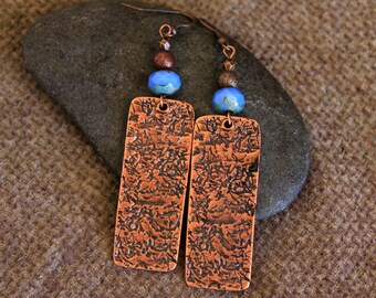 LAST PAIR | Long Copper Rectangle Earrings | Hammered Metal Charm Earrings | Statement Earrings | Handmade Boho Ethnic Rustic Jewellery